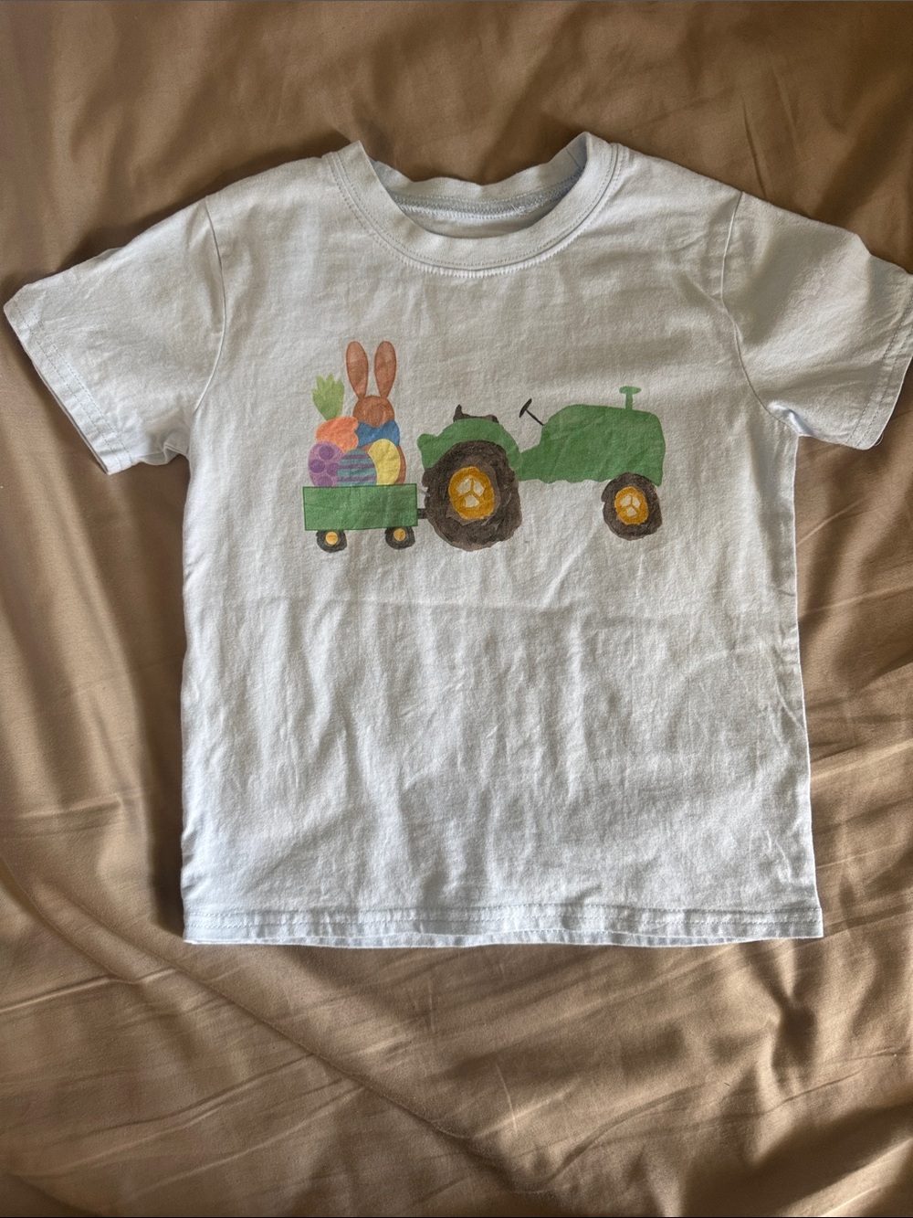 Stitchy Fish White Kids T-Shirt with Green Tractor and Easter Bunny Graphic
